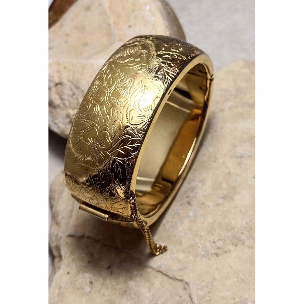 14k Gold Plated Embossed Hinged Bangle Bracelet Hallmarked 61g - Picture 4 of 10